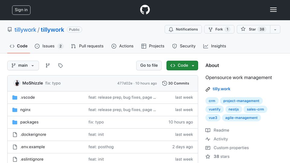 Screenshot of github.com: Tillywork: Open-Source Work Management