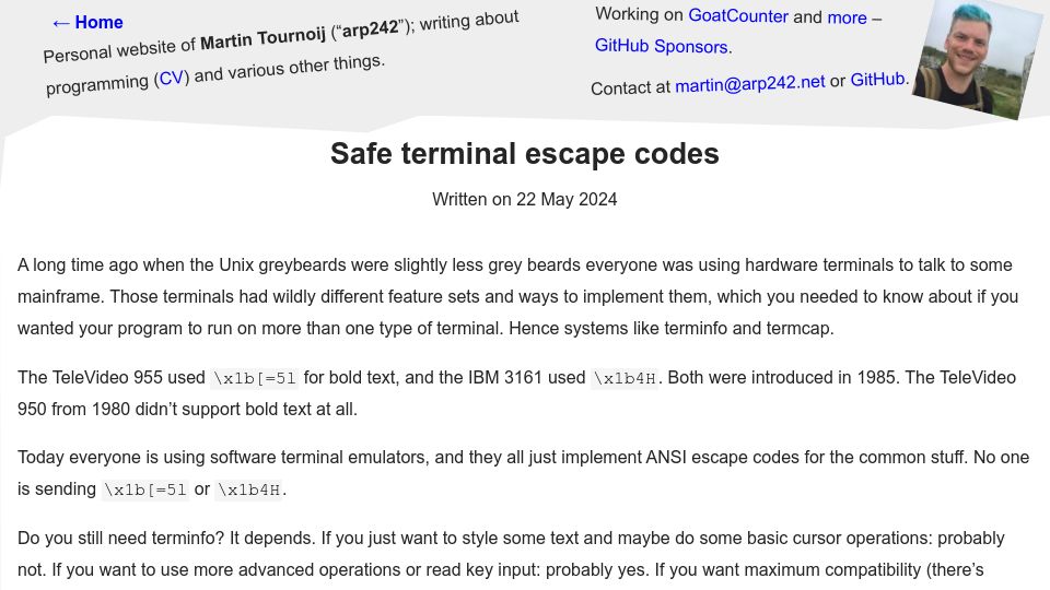 Screenshot of arp242.net: Safe Terminal Escape Codes