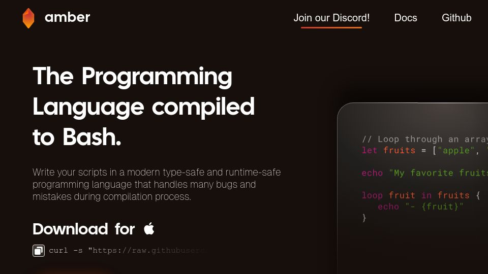 Screenshot of amber-lang.com: Amber: Programming language compiled to Bash
