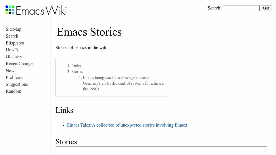 Screenshot of emacswiki.org: Emacs used as a message router in Germany's ATC systems in the 1990s (2021)