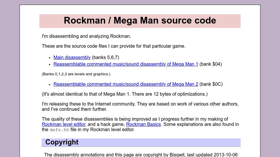 Screenshot of bisqwit.iki.fi: Rockman / Mega Man source code