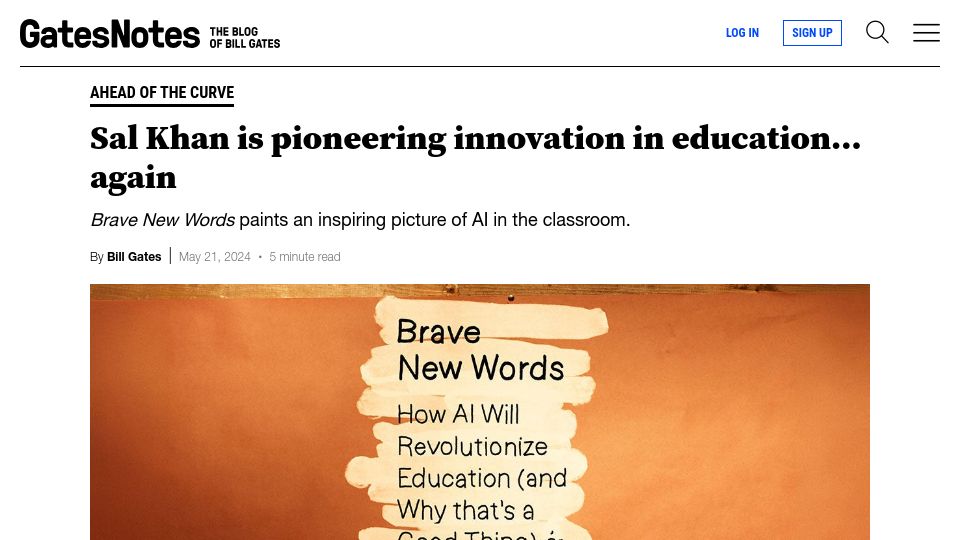 Screenshot of gatesnotes.com: Sal Khan is pioneering innovation in education again