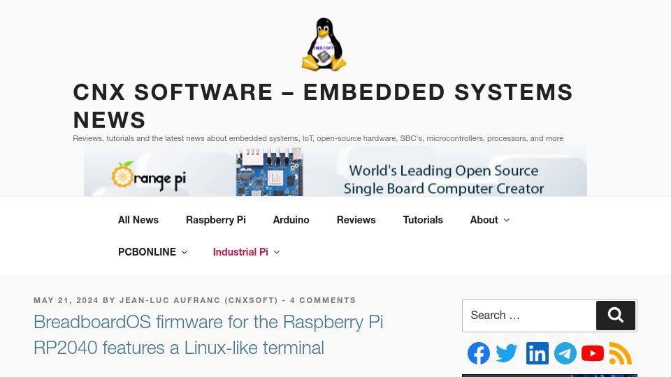 Screenshot of cnx-software.com: BreadboardOS firmware for the Raspberry Pi RP2040 features a Linux-like terminal