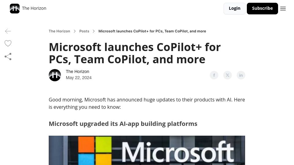 Screenshot of thehorizonnews.beehiiv.com: Microsoft Launches CoPilot+ for PCs, Team CoPilot, and More