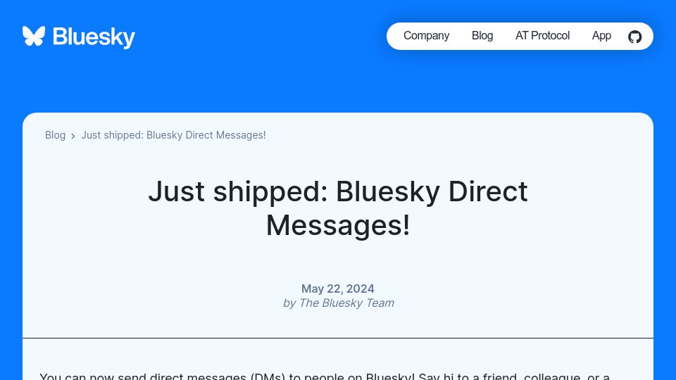 Screenshot of bsky.social: Bluesky adds direct messages