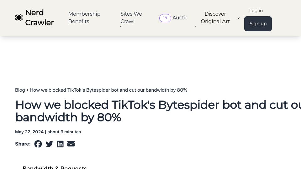 Screenshot of nerdcrawler.com: How we blocked TikTok's Bytespider bot and cut our bandwidth by 80%