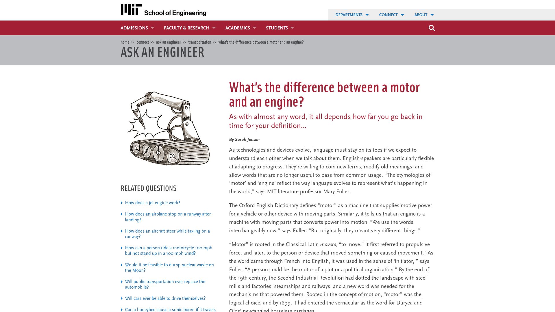 Screenshot of engineering.mit.edu: What's the difference between a motor and an engine? (2013)