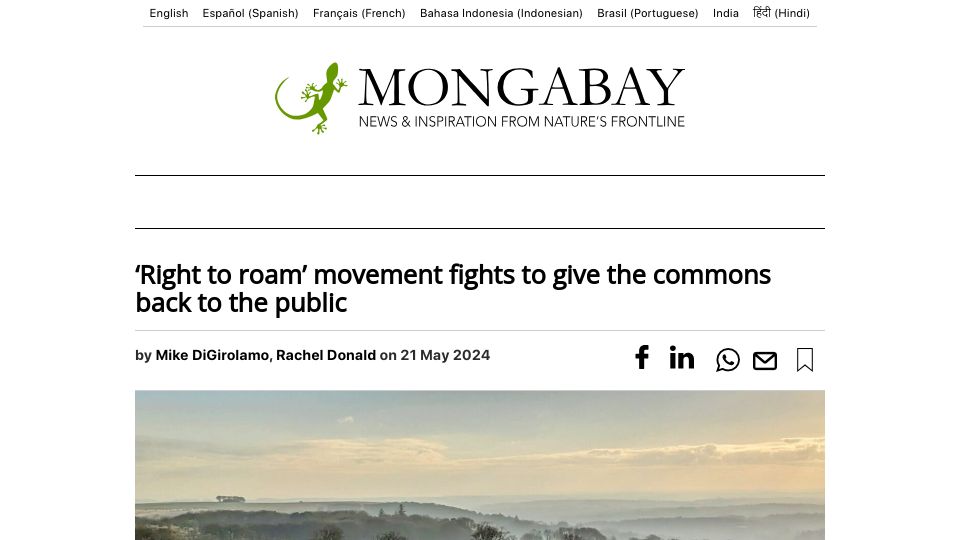 Screenshot of news.mongabay.com: 'Right to roam' movement fights to give the commons back to the public