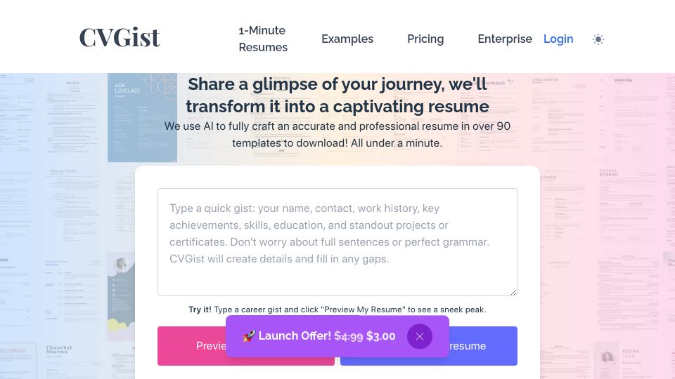 Screenshot of cvgist.com: Show HN: Simple and fast resume document generation with AI