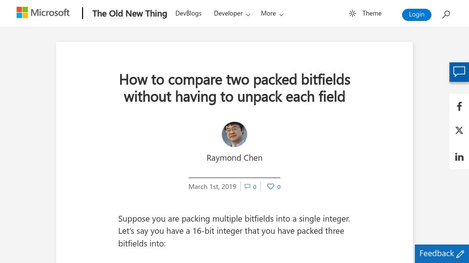 Screenshot of devblogs.microsoft.com: How to compare two packed bitfields without having to unpack each field (2019)