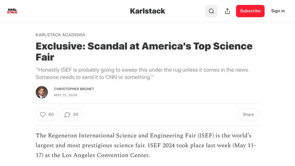 Screenshot of karlstack.com: Scandal at America's top science fair