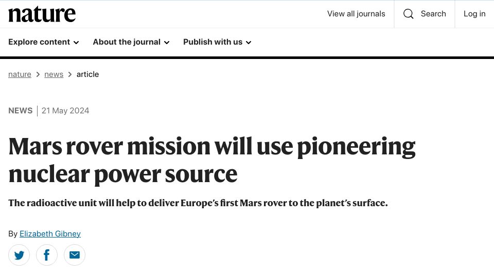 Screenshot of nature.com: Mars rover mission will use pioneering nuclear power source