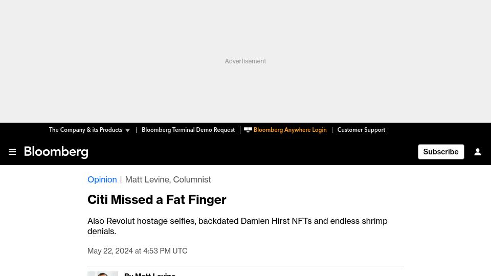 Screenshot of bloomberg.com: Citi Missed a Fat Finger