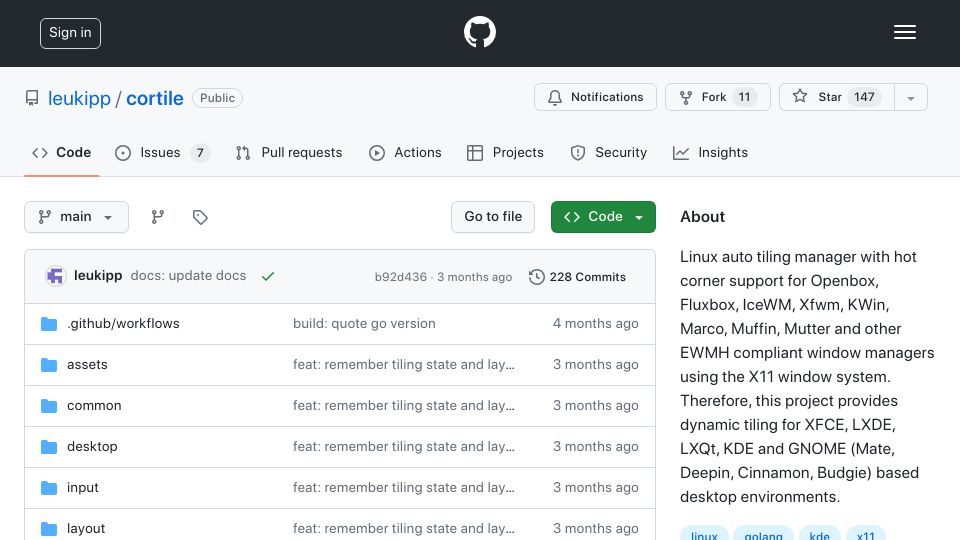 Screenshot of github.com: Cortile – Linux auto tiling manager with hot corner support