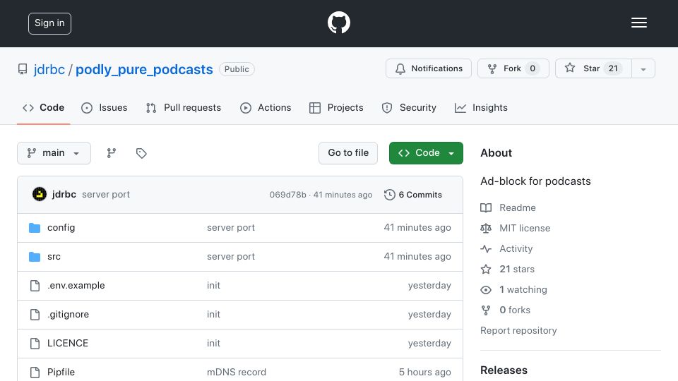Screenshot of github.com: Show HN: Adblock for Podcasts