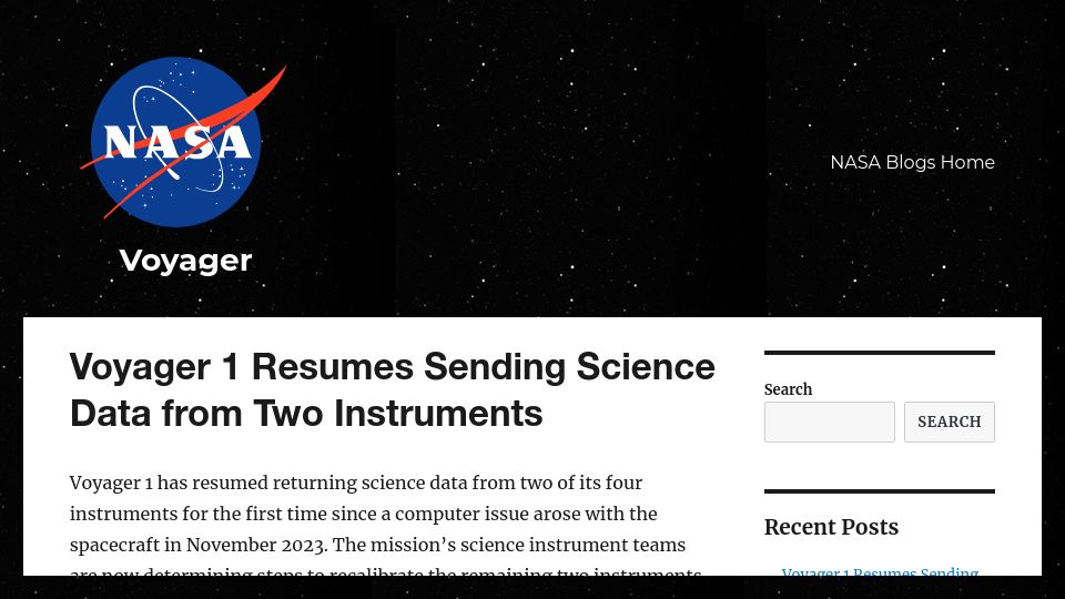 Screenshot of blogs.nasa.gov: Voyager 1 Resumes Sending Science Data
