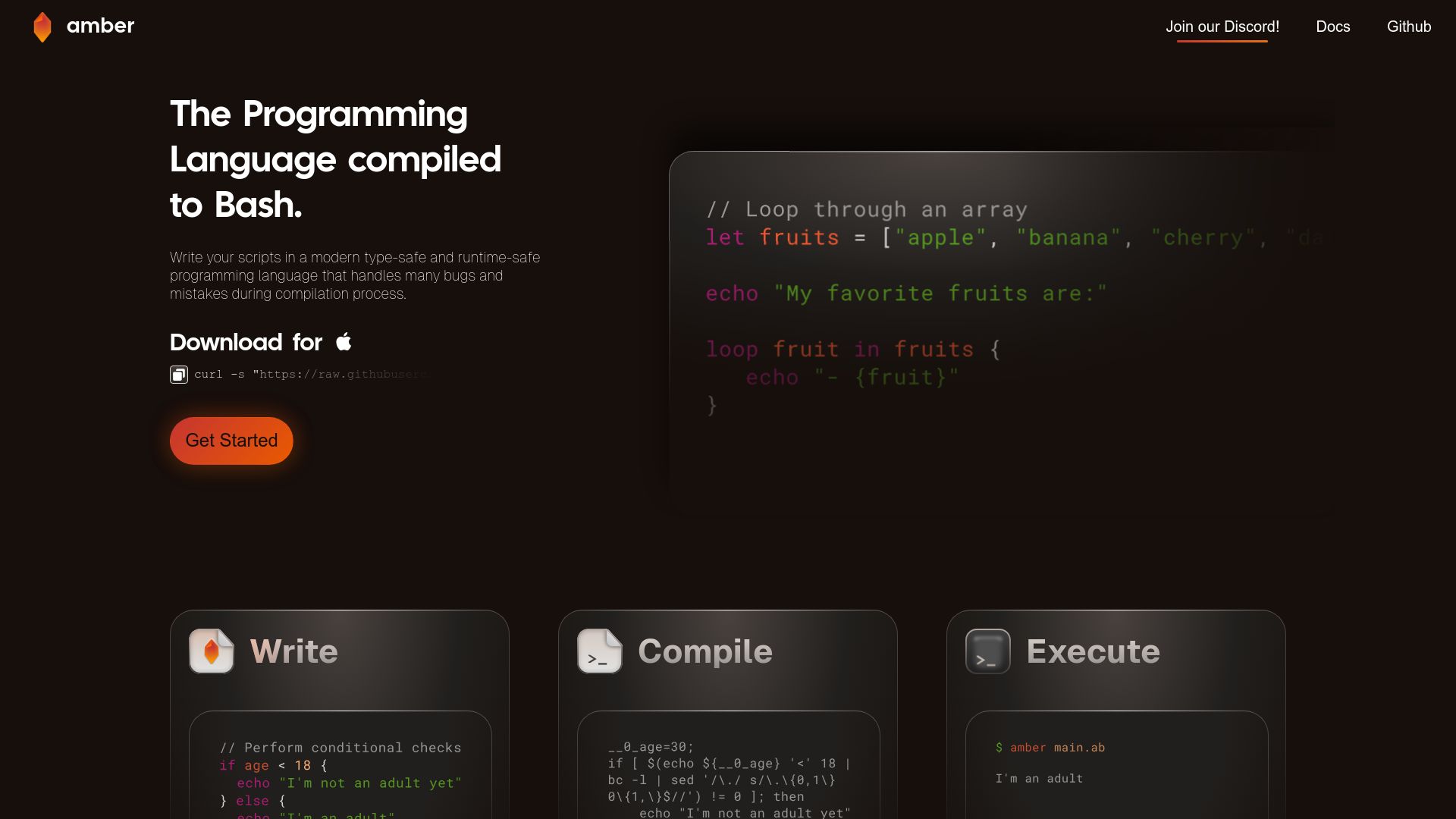 Screenshot of amber-lang.com: Amber: Programming language compiled to Bash