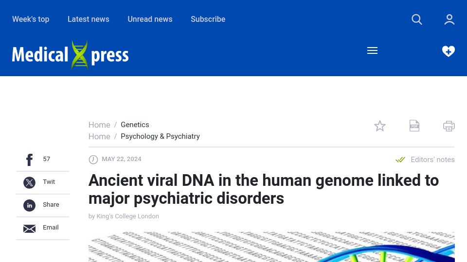Screenshot of medicalxpress.com: Viral DNA in the human genome linked to major psychiatric disorders
