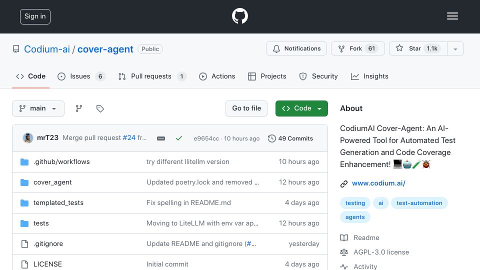 Screenshot of github.com: Cover Agent: open source regression test generation tool