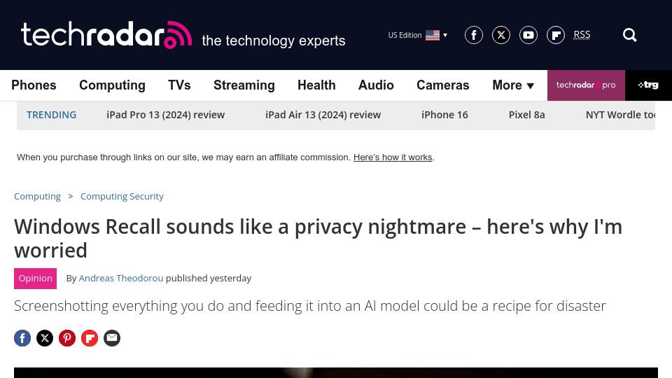 Screenshot of techradar.com: Windows Recall sounds like a privacy nightmare