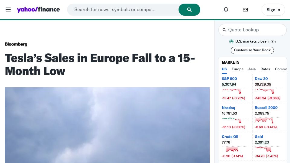 Screenshot of finance.yahoo.com: Tesla's Sales in Europe Fall to a 15-Month Low