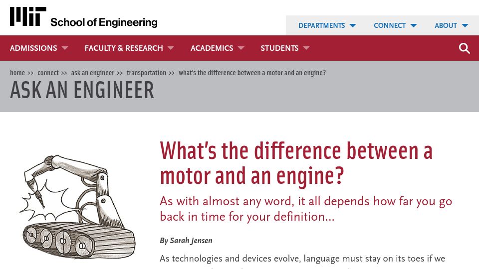Screenshot of engineering.mit.edu: What's the difference between a motor and an engine? (2013)