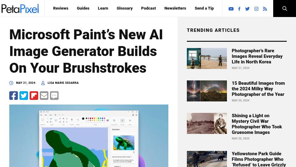 Screenshot of petapixel.com: Microsoft Paint's new AI image generator builds on your brushstrokes