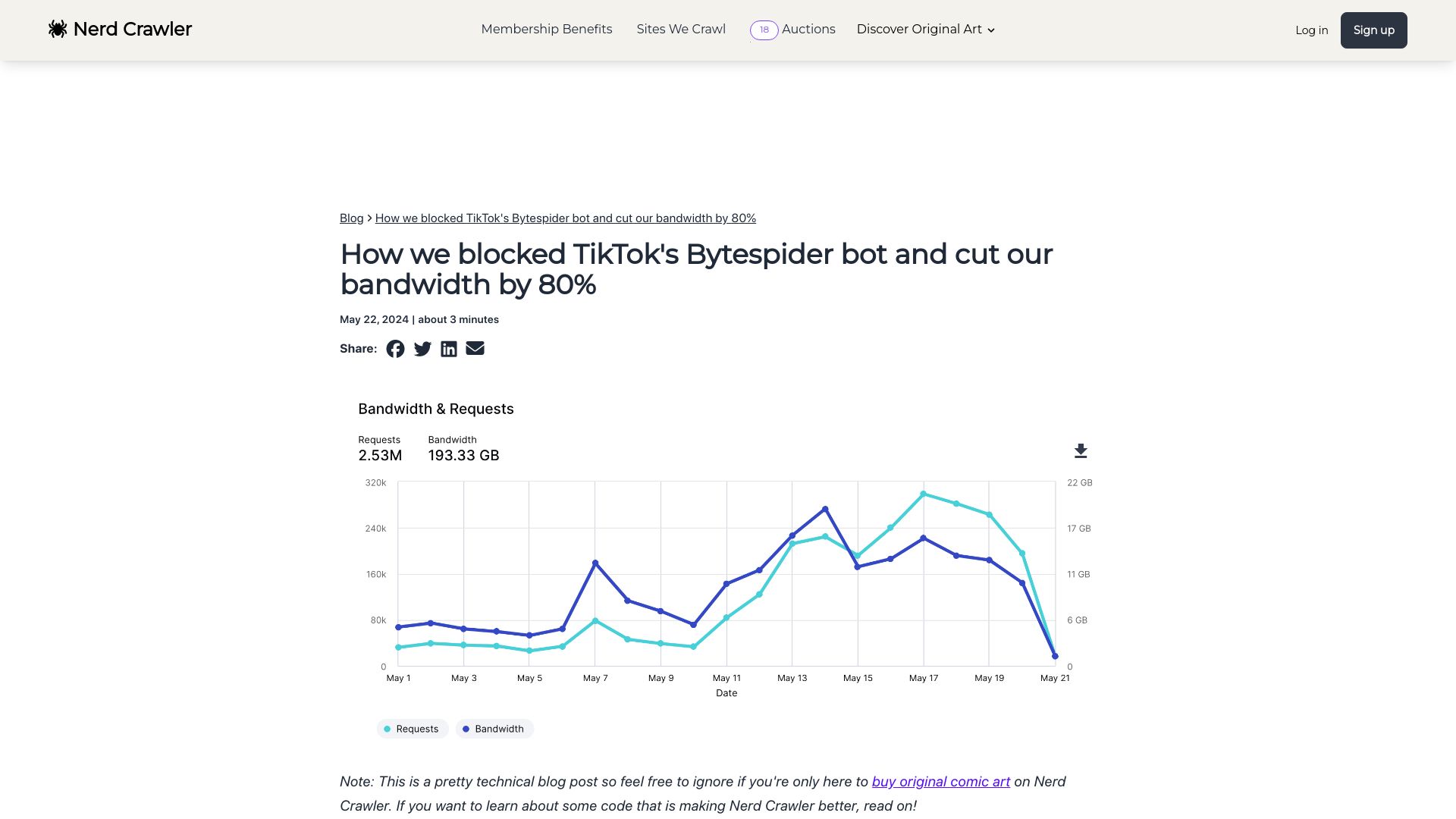Screenshot of nerdcrawler.com: How we blocked TikTok's Bytespider bot and cut our bandwidth by 80%