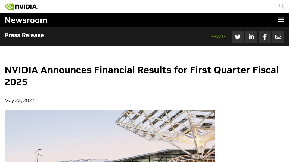 Screenshot of nvidianews.nvidia.com: Nvidia announces financial results for first quarter fiscal 2025