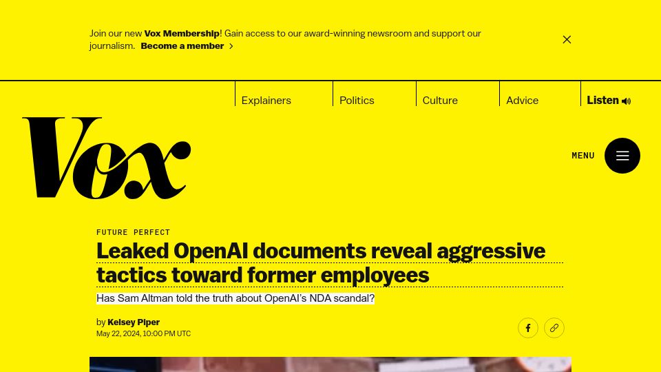 Screenshot of vox.com: Leaked OpenAI documents reveal aggressive tactics toward former employees