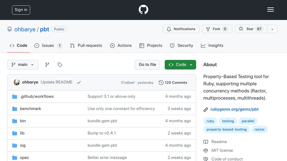 Screenshot of github.com: Show HN: PBT – A property-based testing library for Ruby