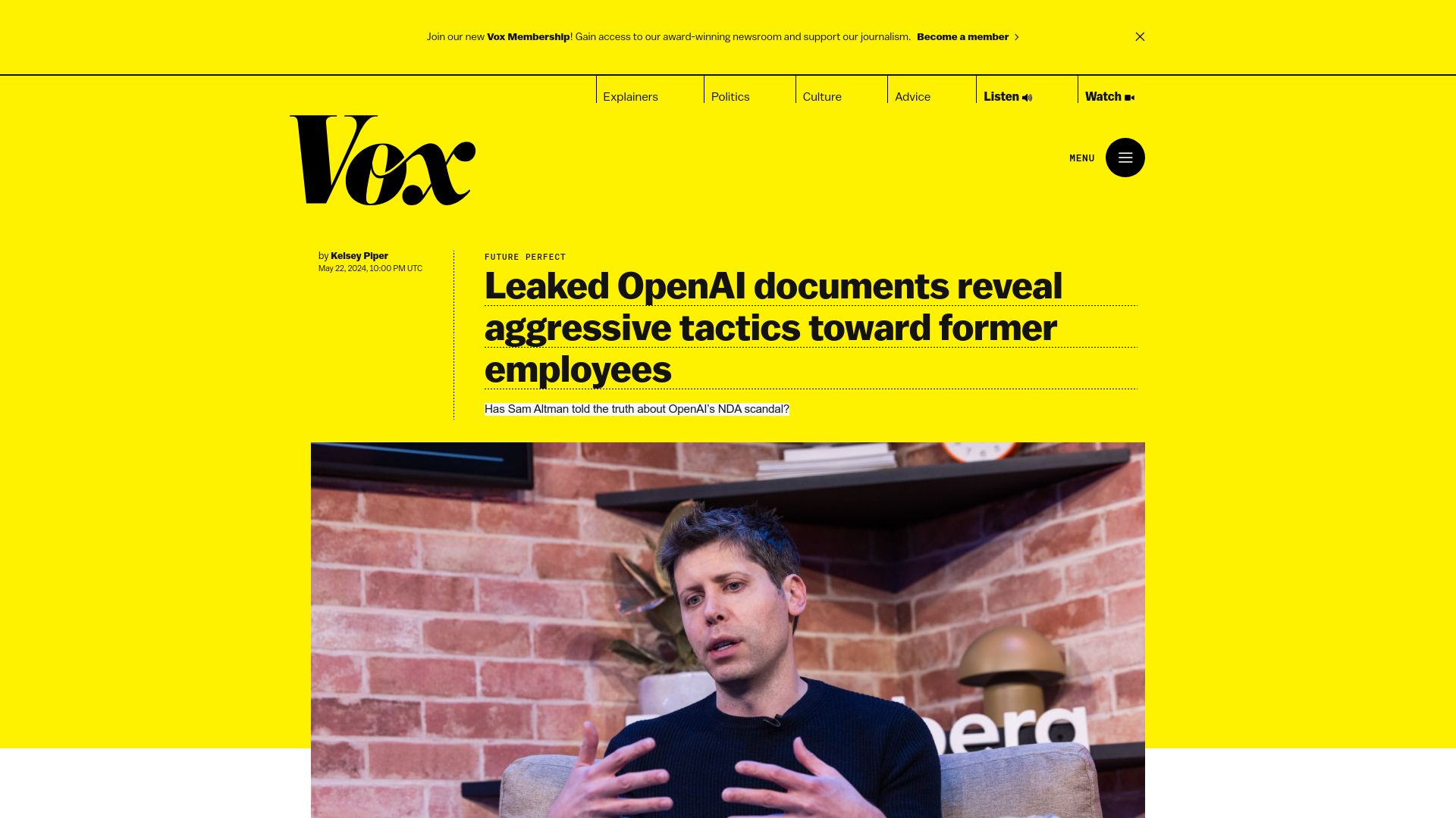 Screenshot of vox.com: Leaked OpenAI documents reveal aggressive tactics toward former employees