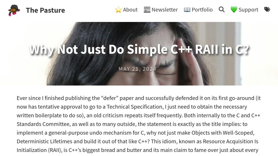 Screenshot of thephd.dev: Why not just do simple C++ RAII in C?