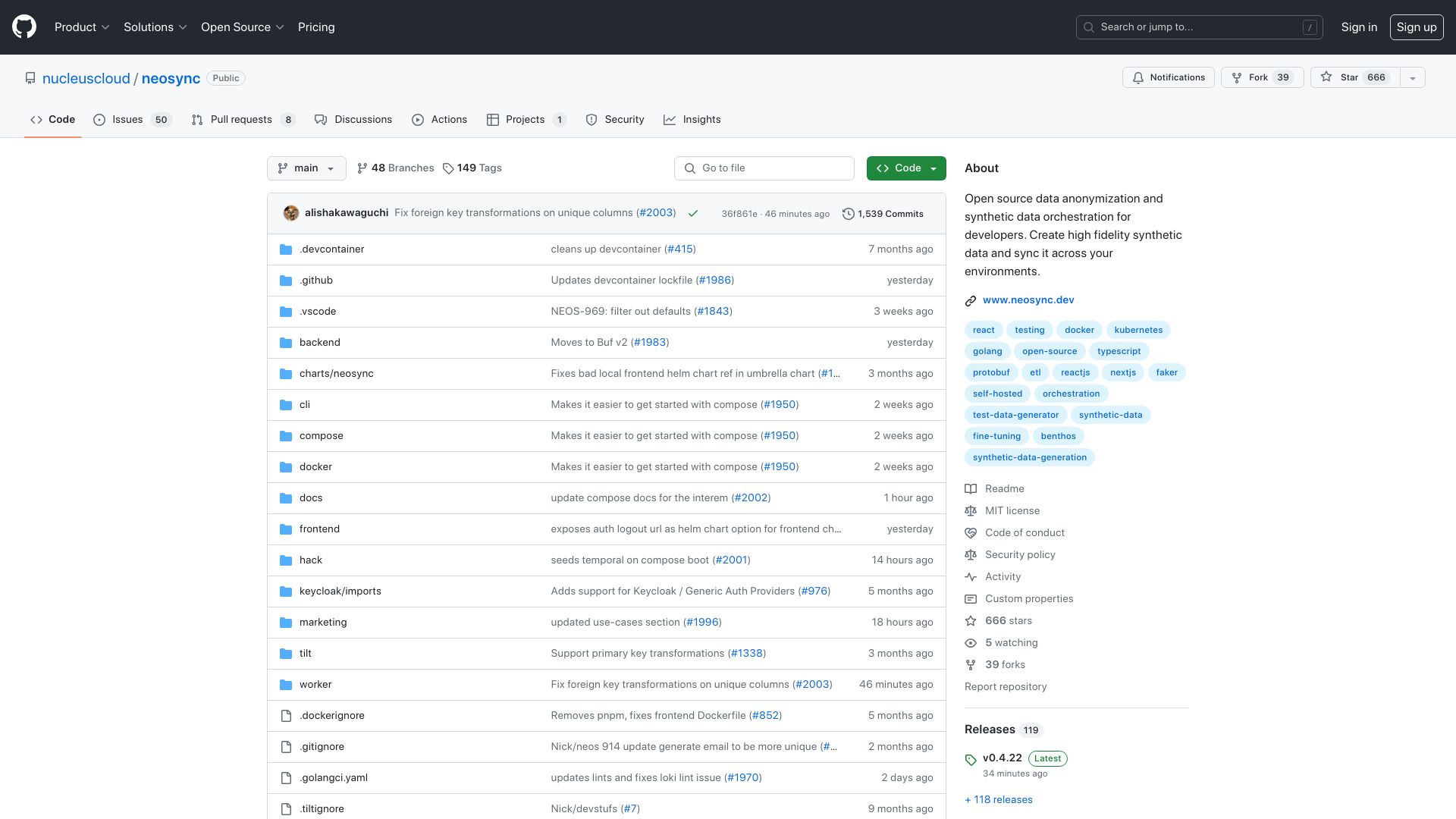Screenshot of github.com: Show HN: Neosync – Open-Source Data Anonymization for Postgres and MySQL