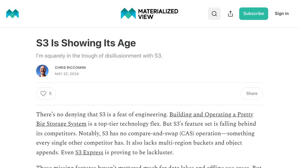 Screenshot of materializedview.io: S3 is showing its age