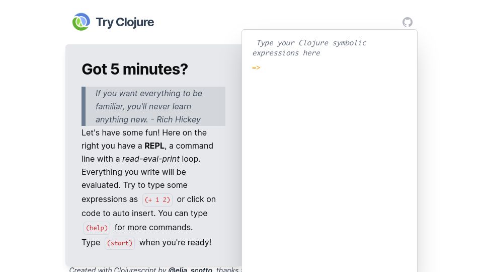 Screenshot of tryclojure.org: Try Clojure
