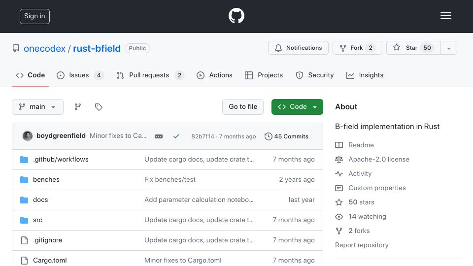 Screenshot of github.com: Show HN: B-field, a novel probabilistic key-value data structure (`rust-bfield`)