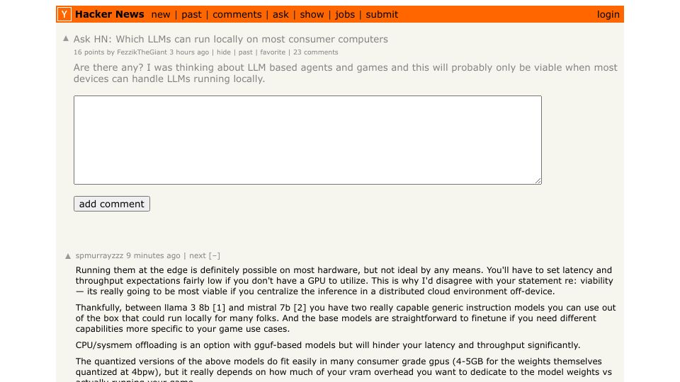 Screenshot of Hacker News post: Ask HN: Which LLMs can run locally on most consumer computers