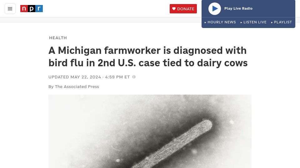 Screenshot of npr.org: A Michigan farmworker is diagnosed with bird flu in case tied to dairy cows
