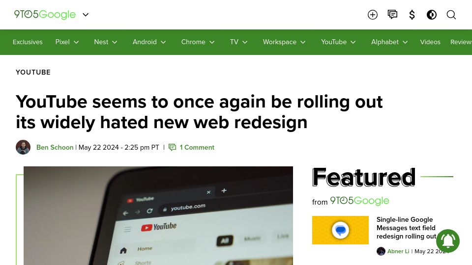 Screenshot of 9to5google.com: YouTube seems to once again be rolling out its widely hated new web redesign