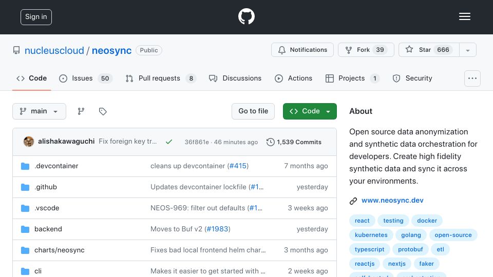 Screenshot of github.com: Show HN: Neosync – Open-Source Data Anonymization for Postgres and MySQL