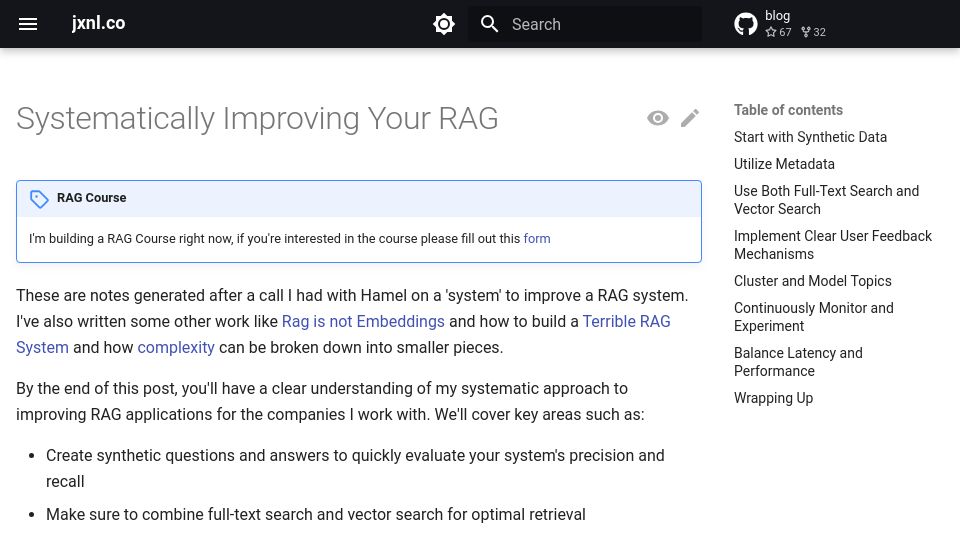 Screenshot of jxnl.co: Systematically Improving Your RAG