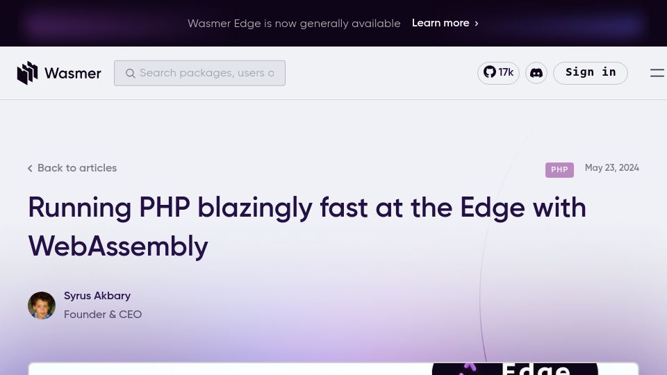 Screenshot of wasmer.io: Running PHP fast at the edge with WebAssembly