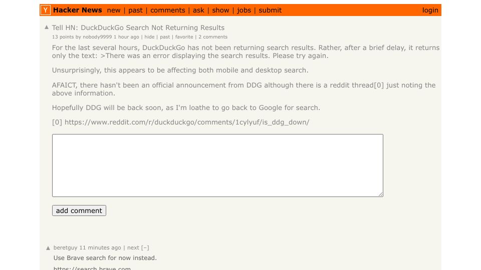 Screenshot of Hacker News post: Tell HN: DuckDuckGo Search Not Returning Results