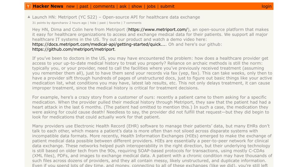 Screenshot of Hacker News post: Launch HN: Metriport (YC S22) – Open-source API for healthcare data exchange
