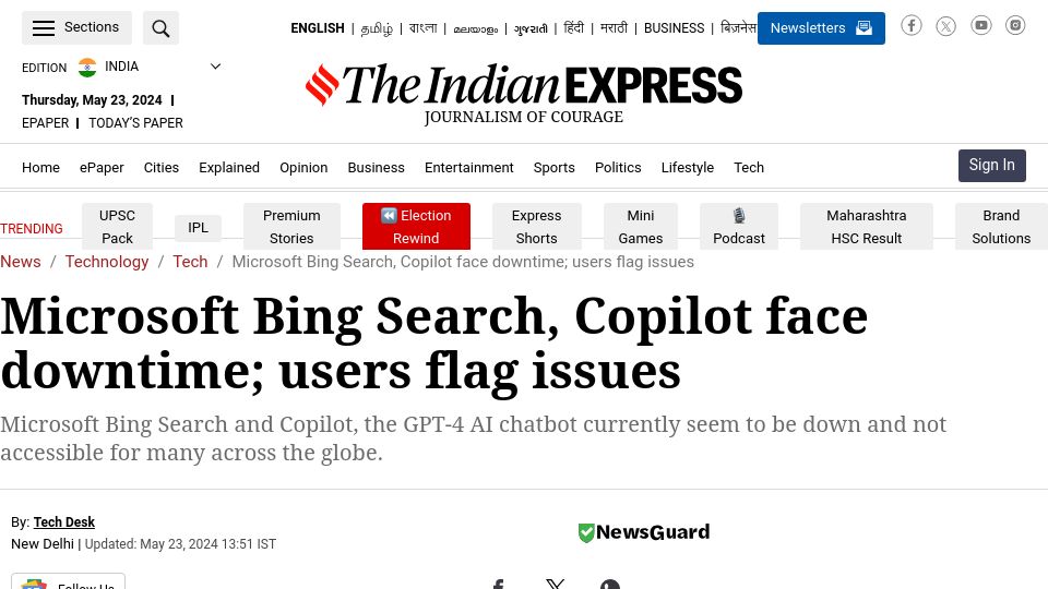 Screenshot of indianexpress.com: Microsoft Bing Search, Copilot face downtime
