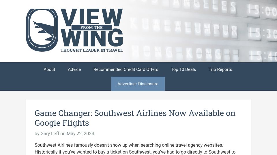 Screenshot of viewfromthewing.com: Southwest Airlines is available on Google Flights