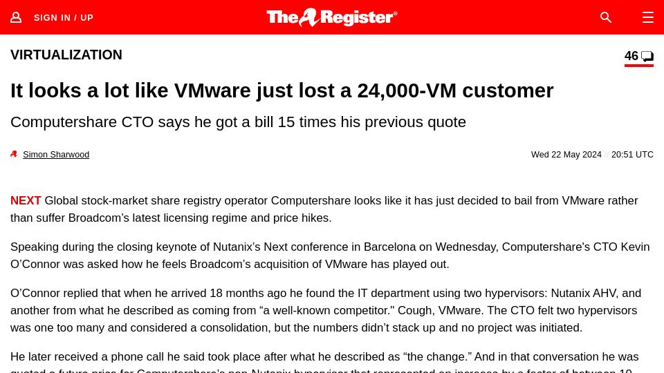 Screenshot of theregister.com: It looks a lot like VMware just lost a 24,000-VM customer