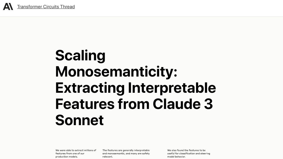 Screenshot of transformer-circuits.pub: Scaling Monosemanticity: Extracting Interpretable Features from Claude 3 Sonnet