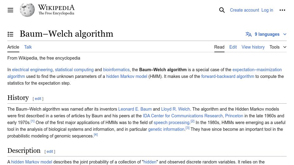 Screenshot of en.wikipedia.org: Baum-Welch Algorithm